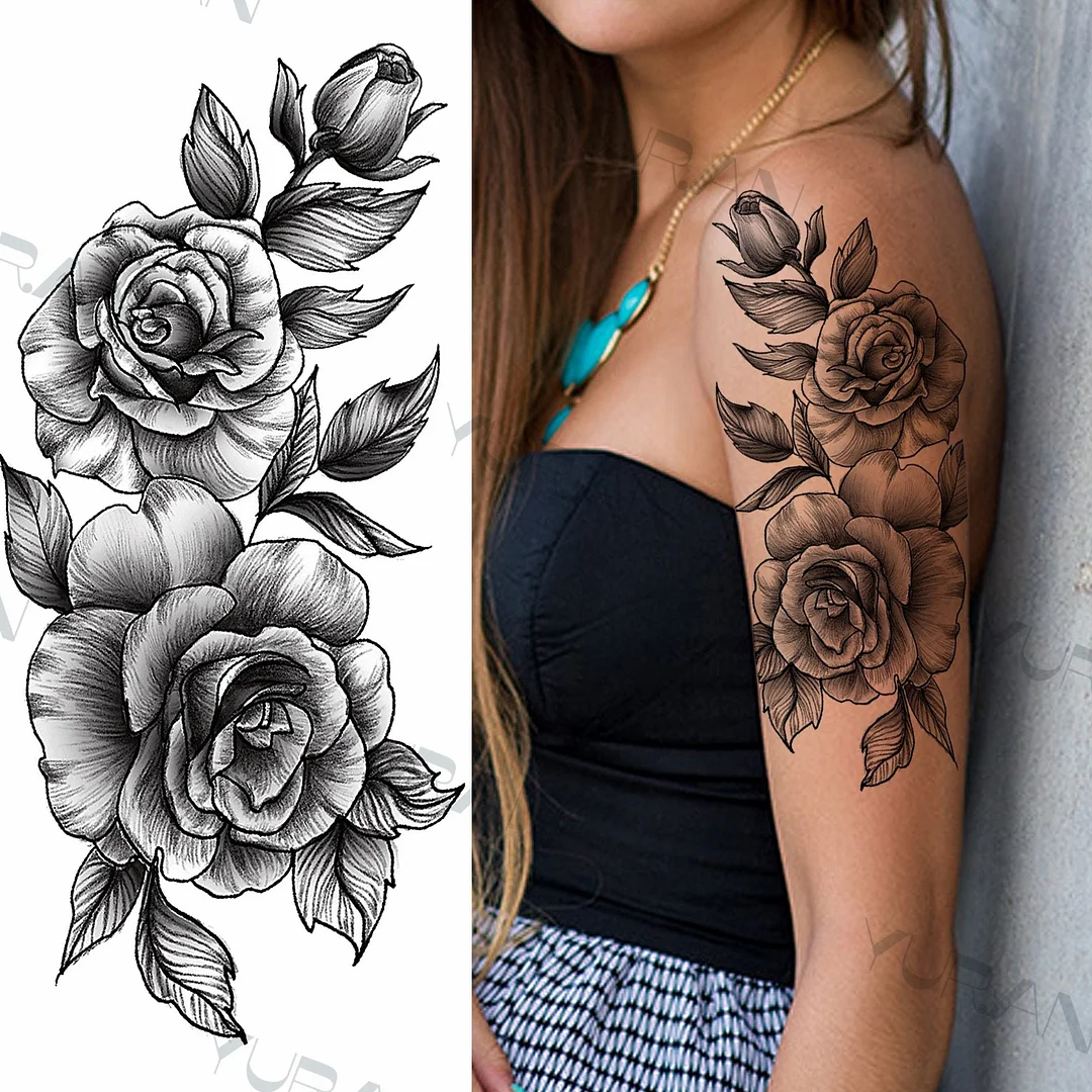 Black Large Snake Flower Fake Tattoo Sticker For Women Dot Rose Peony Temporary Tattoos DIY Water Transfer Tatoos Girls 1029