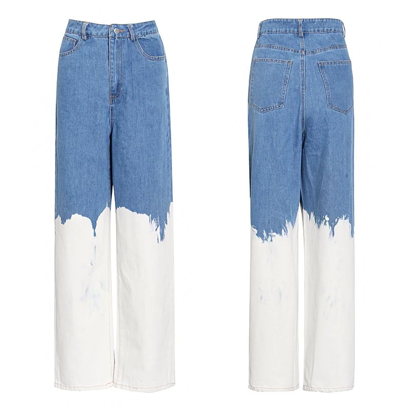 Toloer Casual Loose Painted Women Full Length Jeans High Waist Hit Color Asymmetrical Denim Wide Leg Pants For Female New