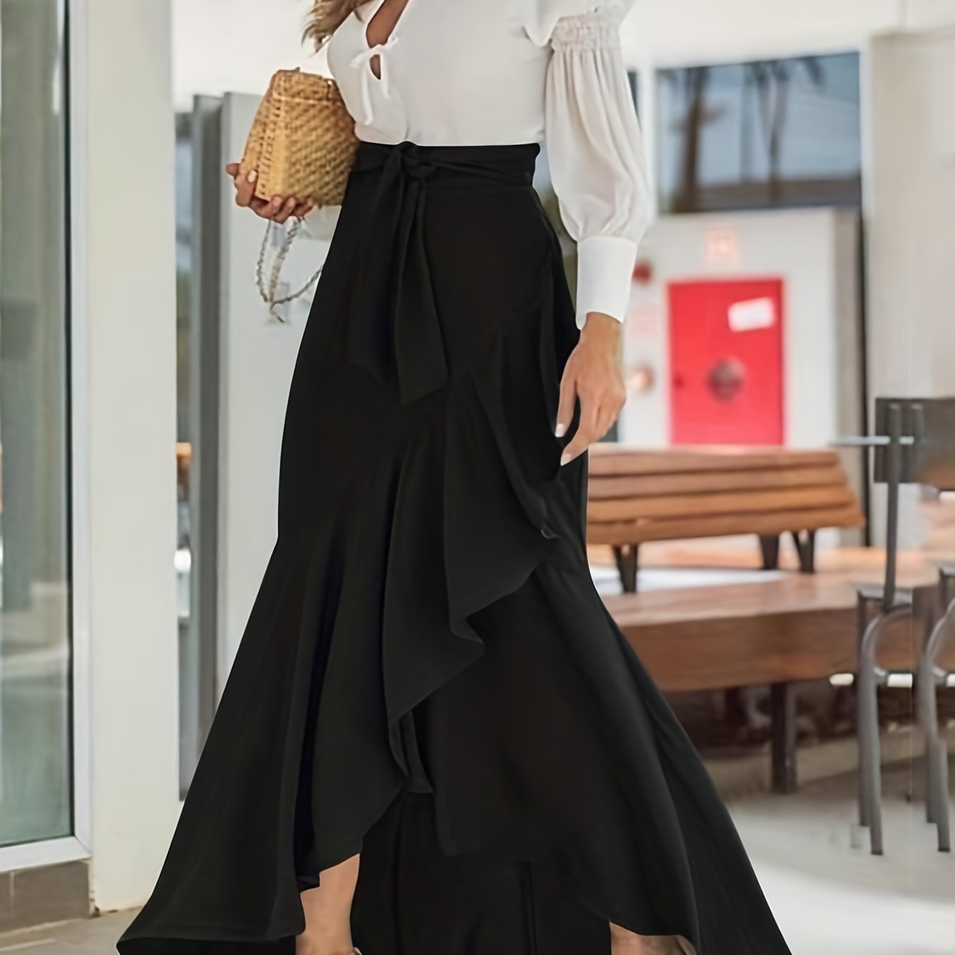 Solid Ruffle Trim Asymmetrical Skirt, Elegant Belted Mermaid Skirt For Spring & Fall, Women's Clothing