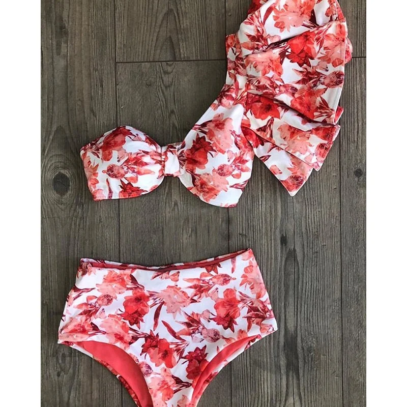 One Shoulder Bikini Set 2021 Sexy Ruffle Swimwear Women Swimsuit High Waist Bathing Suit Beachwear Red Print Biquini female