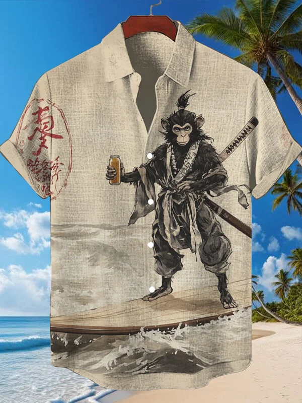 Men's A Monkey Warrior Standing On A Surfboard Print Short Sleeve Shirt
