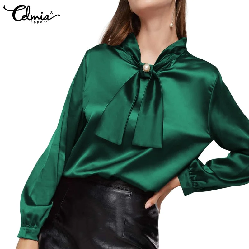 Celmia Women Elegant Satin Blouses 2021 Fashion Bow Tie Office Tops Long Sleeve Casual Autumn Shirts Oversized Office Blusas