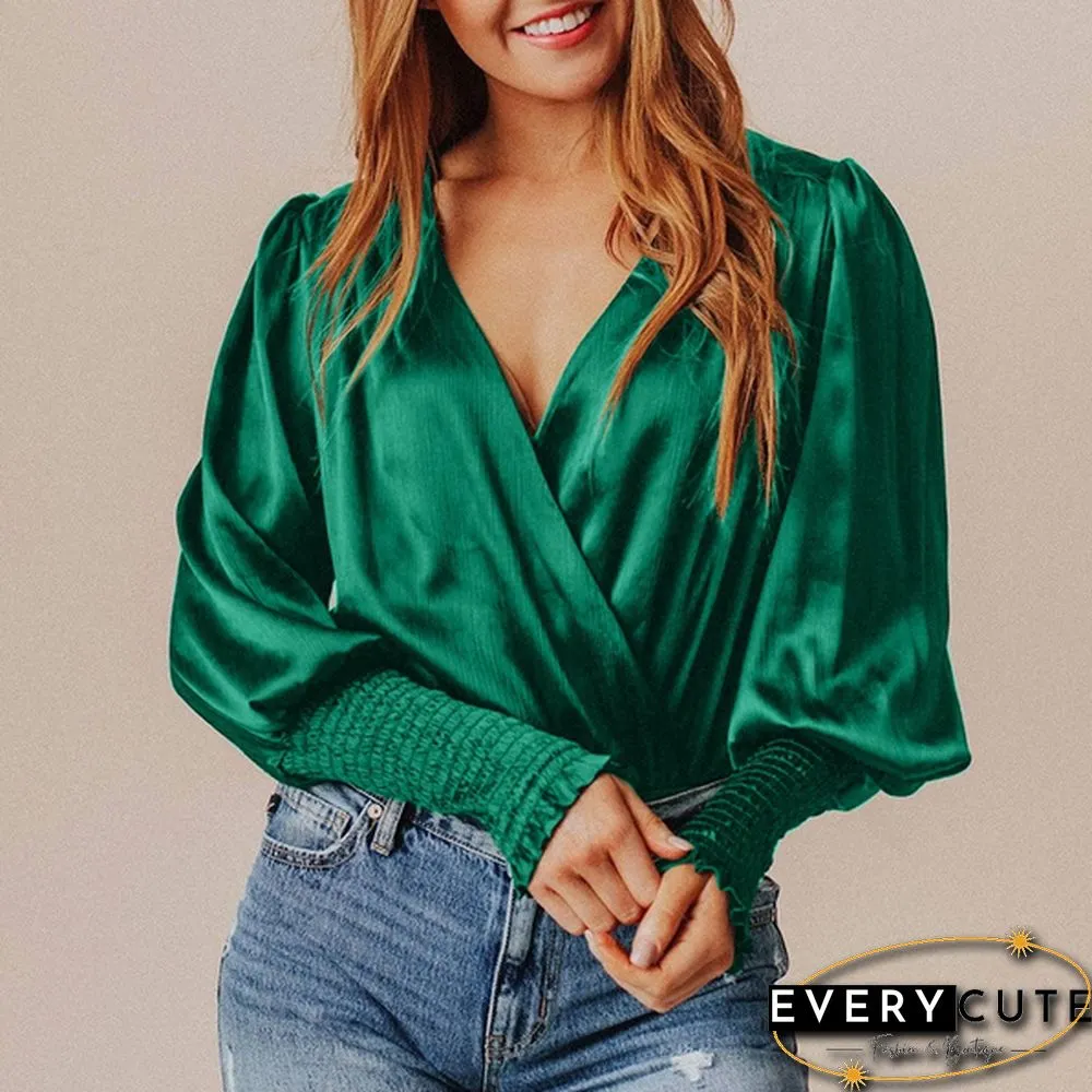 Womens Long-Sleeve Neck Blouse Spring/Autumn Elegant Casual Silk Shirt Ladies Pleated Tops