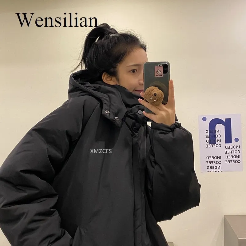 Korean Fashion Women Winter Coats Cotton-padded Long Parkas Black White Hooded Oversized Jackets Women Winter Clothes