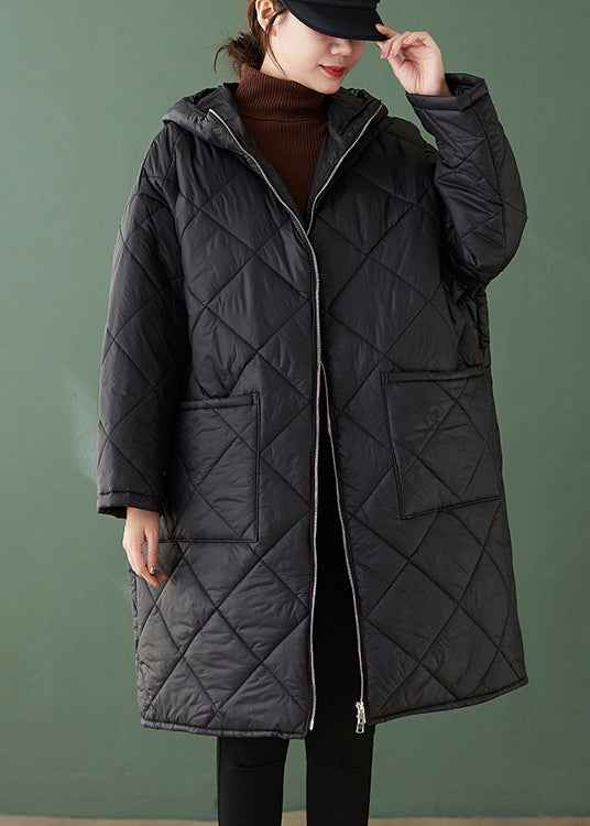VCSHOES Black Hooded Pockets Zippered Patchwork Cotton Filled Coats Winter