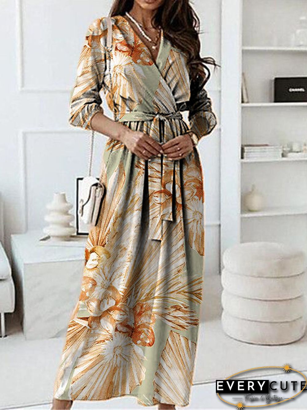 Printed Satin Pleated Elegant Bandage V-Neck Dress