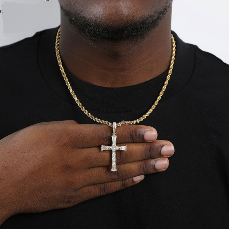 Hip Hop Iced Out Baguette Cross Pendant Necklace-VESSFUL