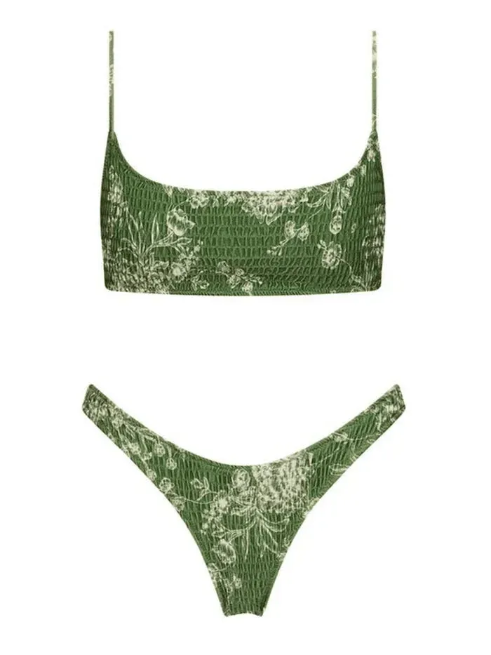 Brownm smocked bikini set with floral print