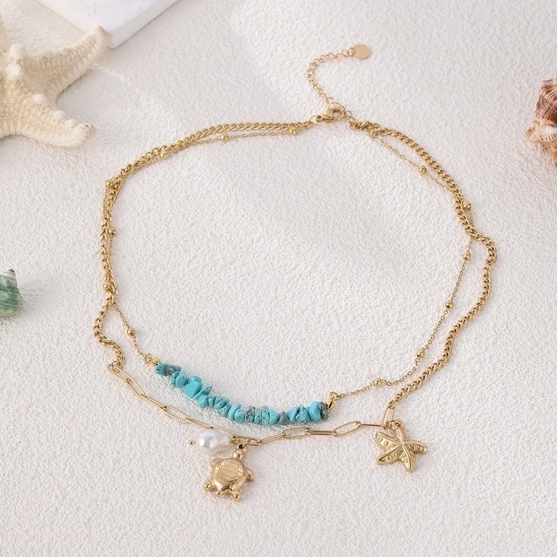 Beach Tortoise Starfish 304 Stainless Steel Double Layer Necklaces
