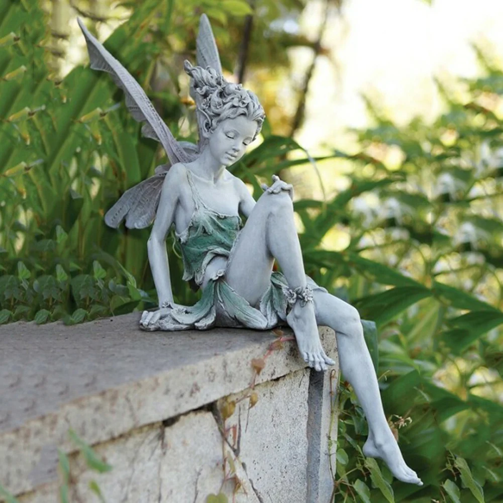 Flower Fairy Sculpture Yard Landscaping Resin Turek Sitting Statue (White)