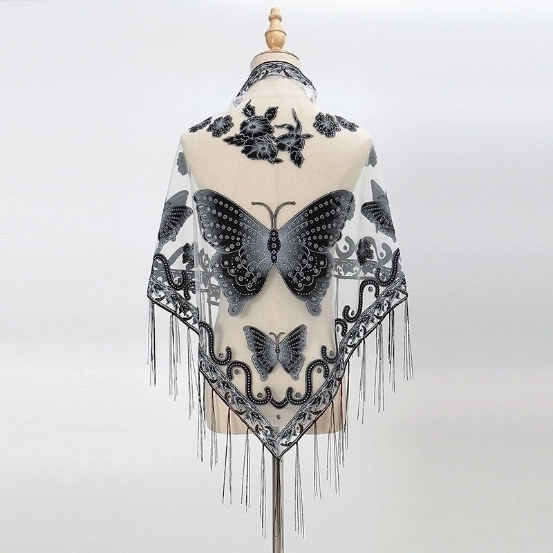 New Tassel Triangle Scarf Solid Color Hollow Lace Butterfly Embroidered Triangle Shawl Scarf For Women