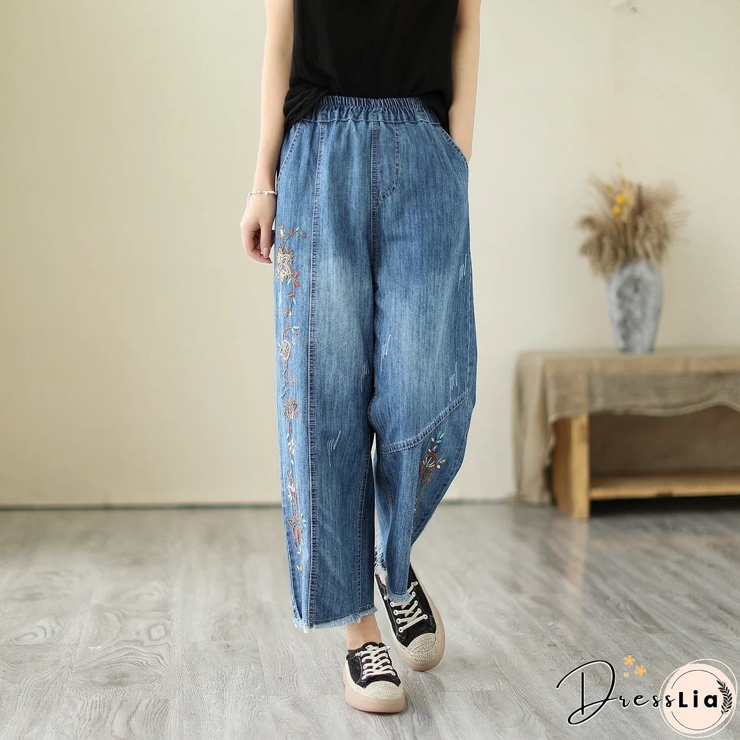 Summer Casual Embroidery Wide Leg Denim Pants
