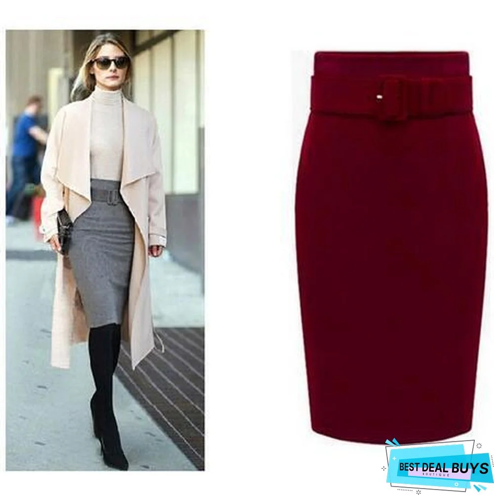 Autumn Winter Women Plus Size Thick Woolen Skirts Slim Belt Office Long Midi Skirt Step A-line Skirt Saias Longa Faldas Mujer