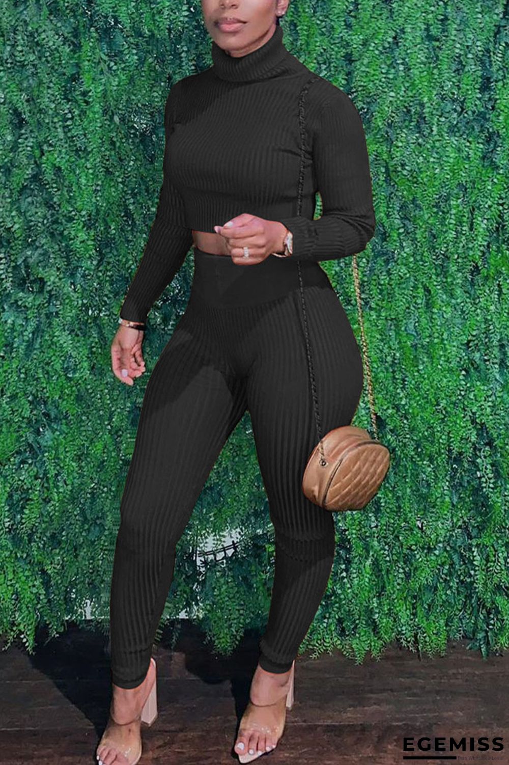 Black Sexy Solid Patchwork Turtleneck Long Sleeve Two Pieces | EGEMISS