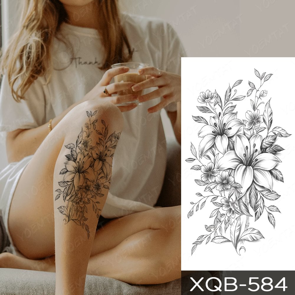 Gingf Temporary Tattoo Sticker Line Lily Leaf Rose Peony Sunflower Henna Tatto Women Men Arm Body Art Fake Sleeve Tattoos