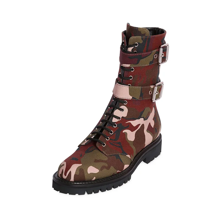 Camouflage Combat Boots Lace up Mid-calf Boots with Buckles |FSJ Shoes