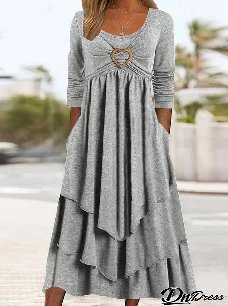 Plain Regular Fit Crew Neck Long Sleeve Casual Midi Dress