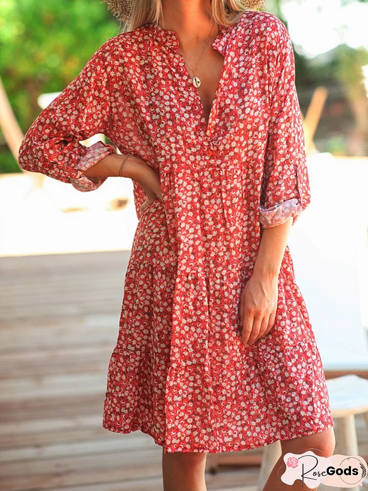 Rose Casual Floral V Neck Dress