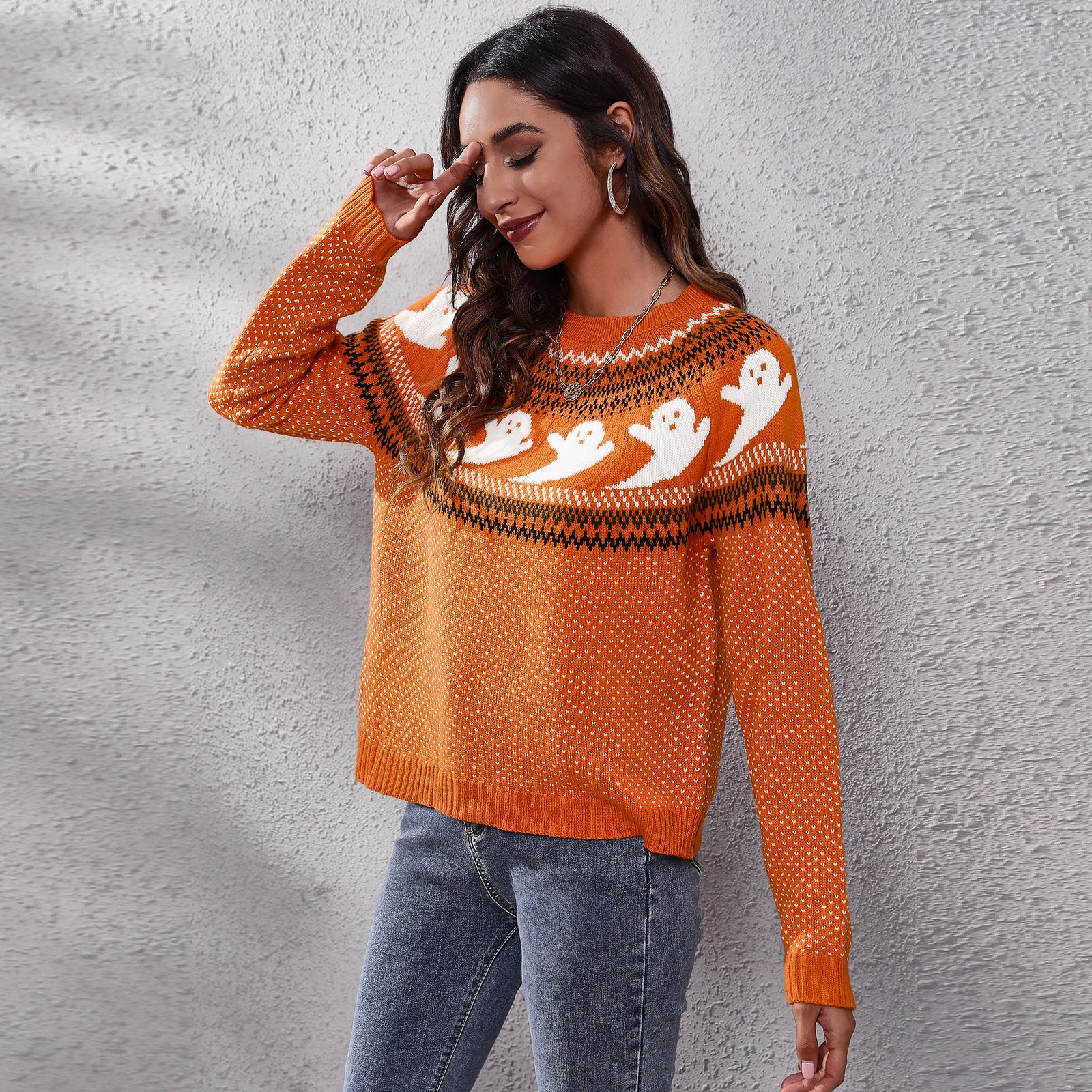 Women Halloween Ghost Retro Polka Dot Long Sleeve Knitted Sweater