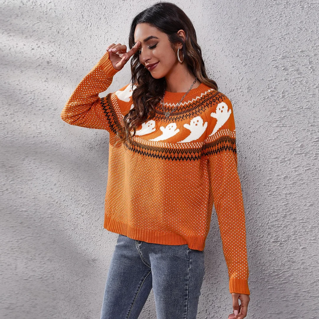 Women Halloween Ghost Retro Polka Dot Long Sleeve Knitted Sweater