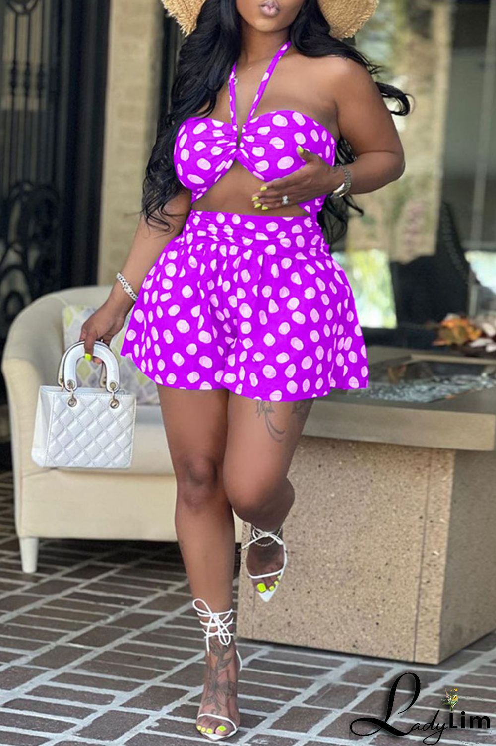 Red Sexy Print Polka Dot Split Joint Halter Sleeveless Two Pieces