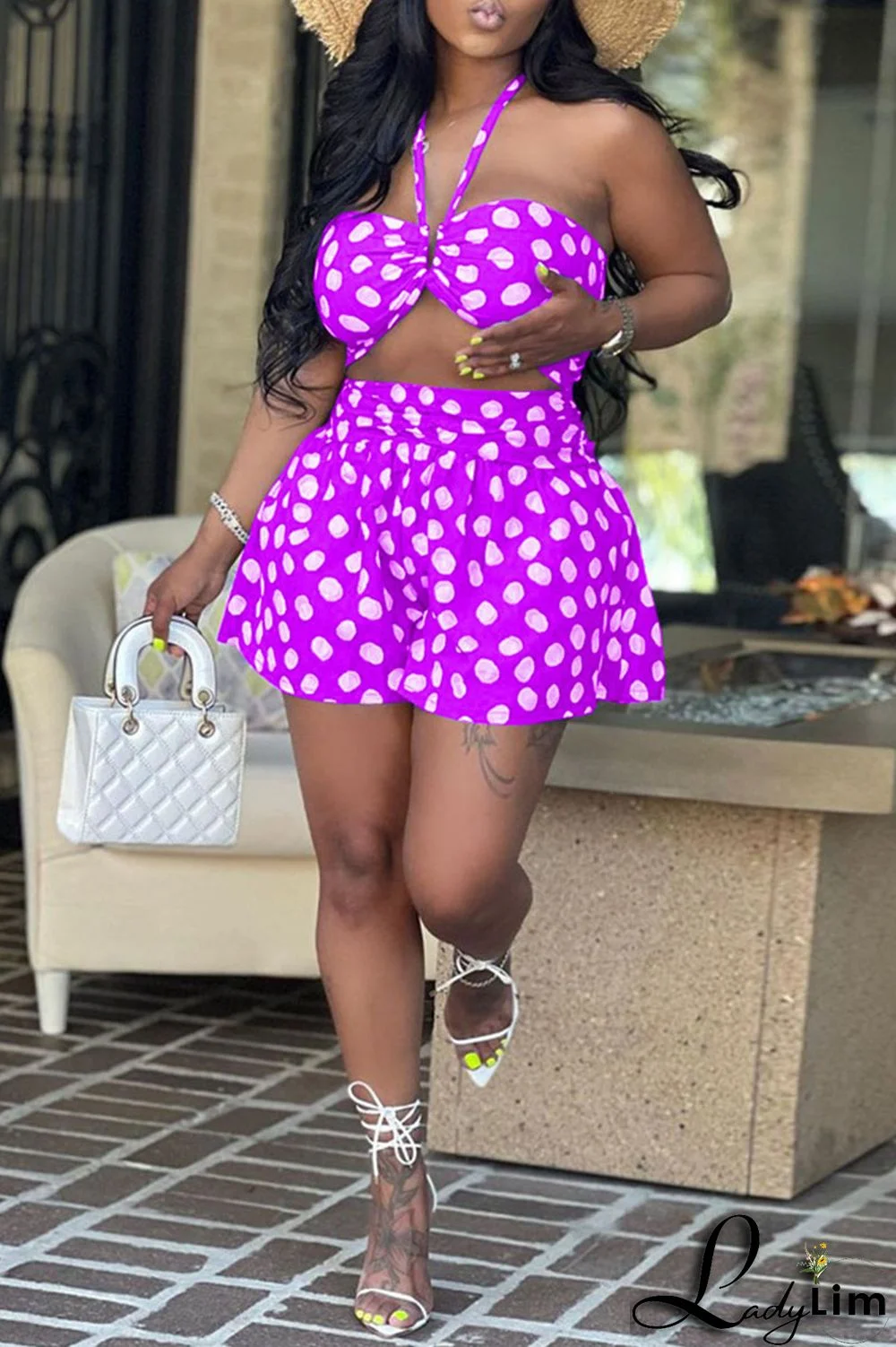 Red Sexy Print Polka Dot Split Joint Halter Sleeveless Two Pieces