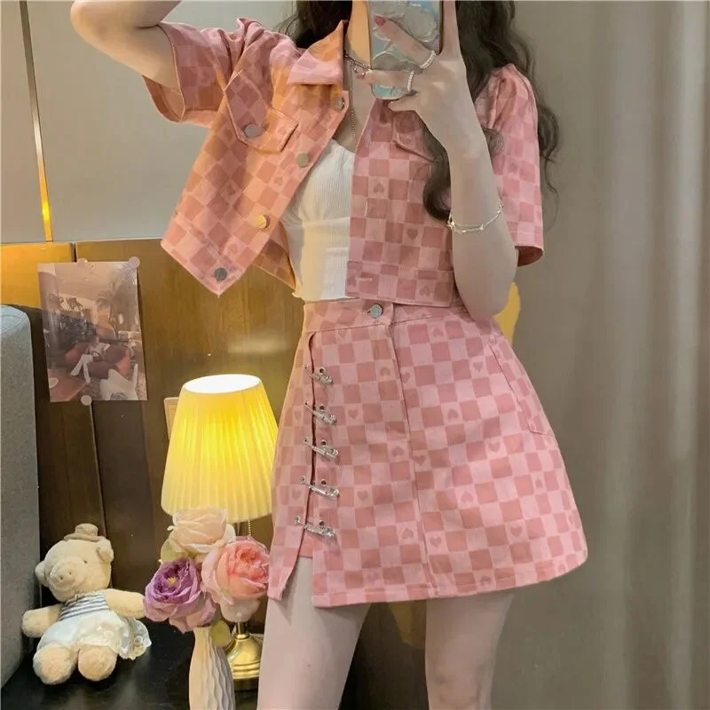 Toloer Sexy Plaid Skirt Suit Women 2 Piece Set Korean Style Short Sleeve Cropped Jacket And 6503