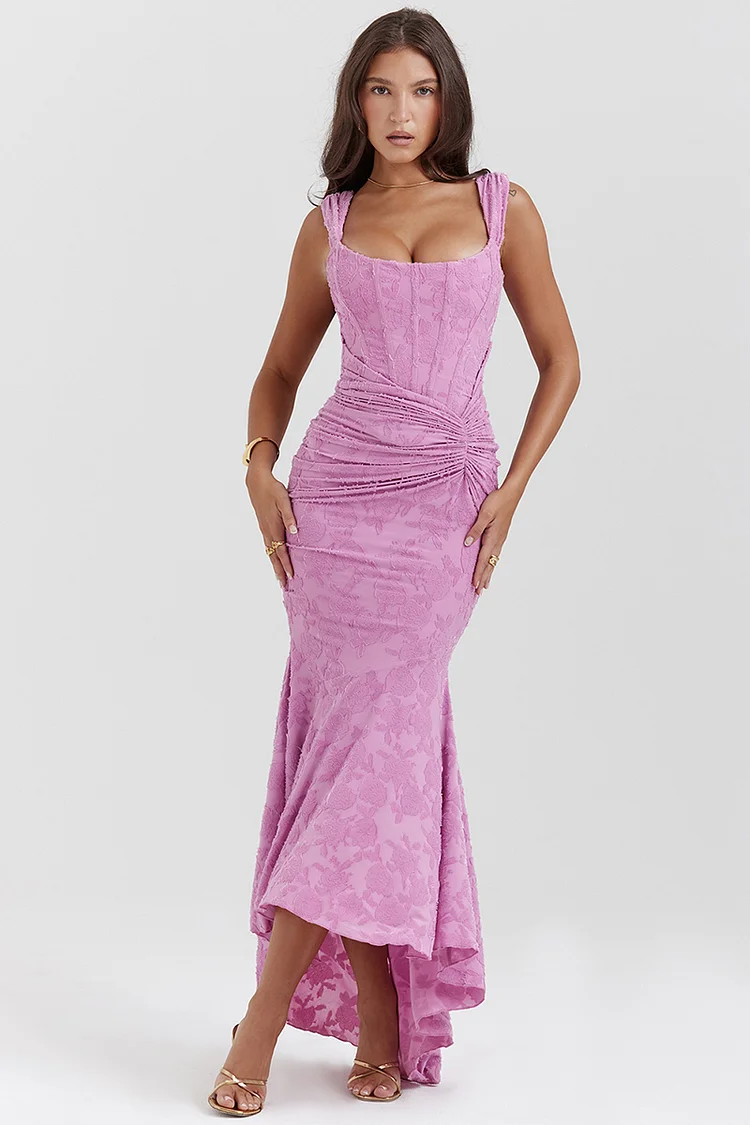 Sleeveless Corset Floral Jacquard Formal Party Mermaid Midi Dresses-Purple
