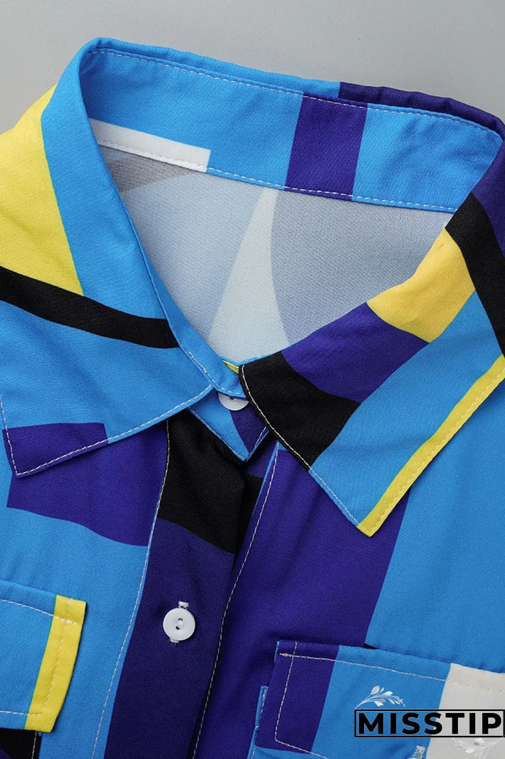 Blue Casual Print Patchwork Buckle Turndown Collar Shirt Dress Dresses