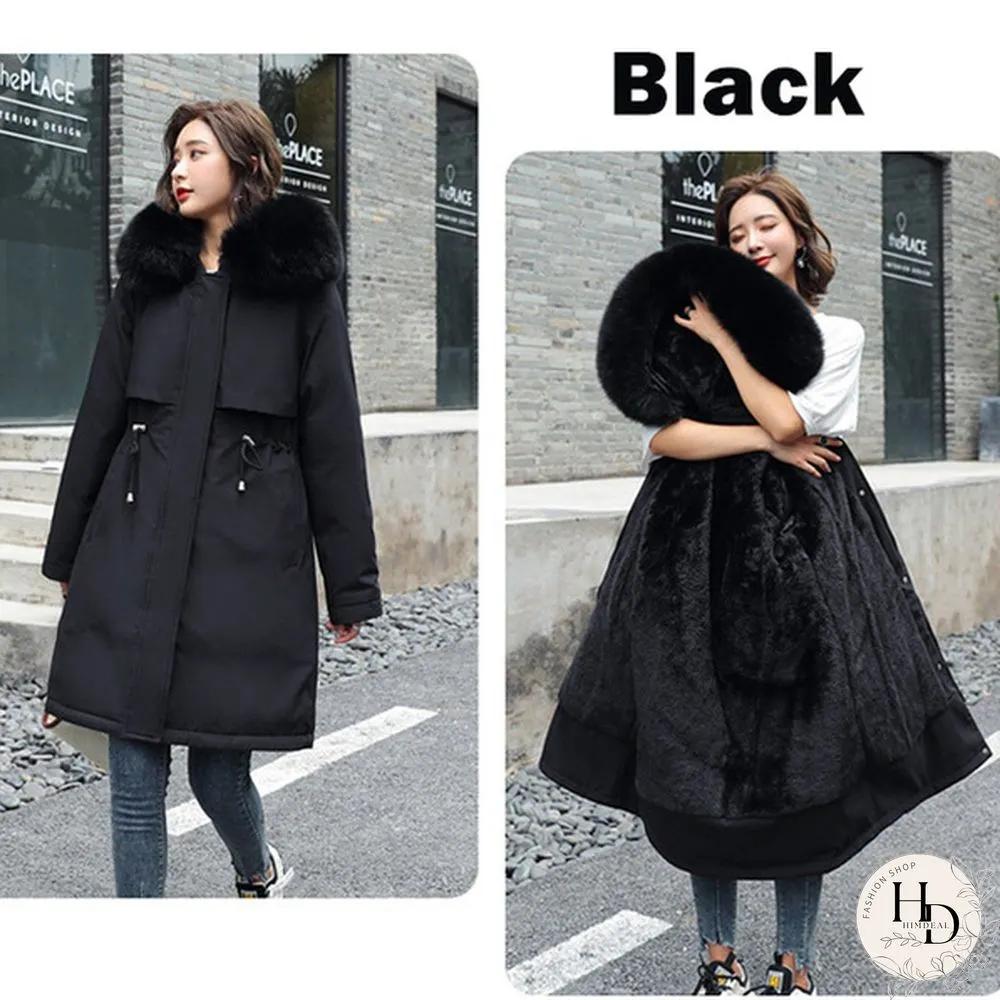 New cotton liner parker parka fashion adjustable waist fur collar winter jacket women