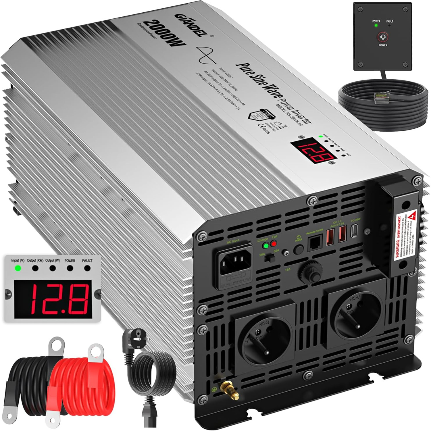 2000W Pur Sinus Convertisseur 12V DC en 220V AC