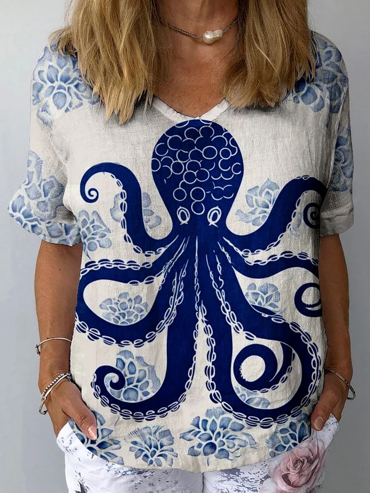 Women's Vintage Ocean Octopus Art Print Casual Cotton And Linen Shirt