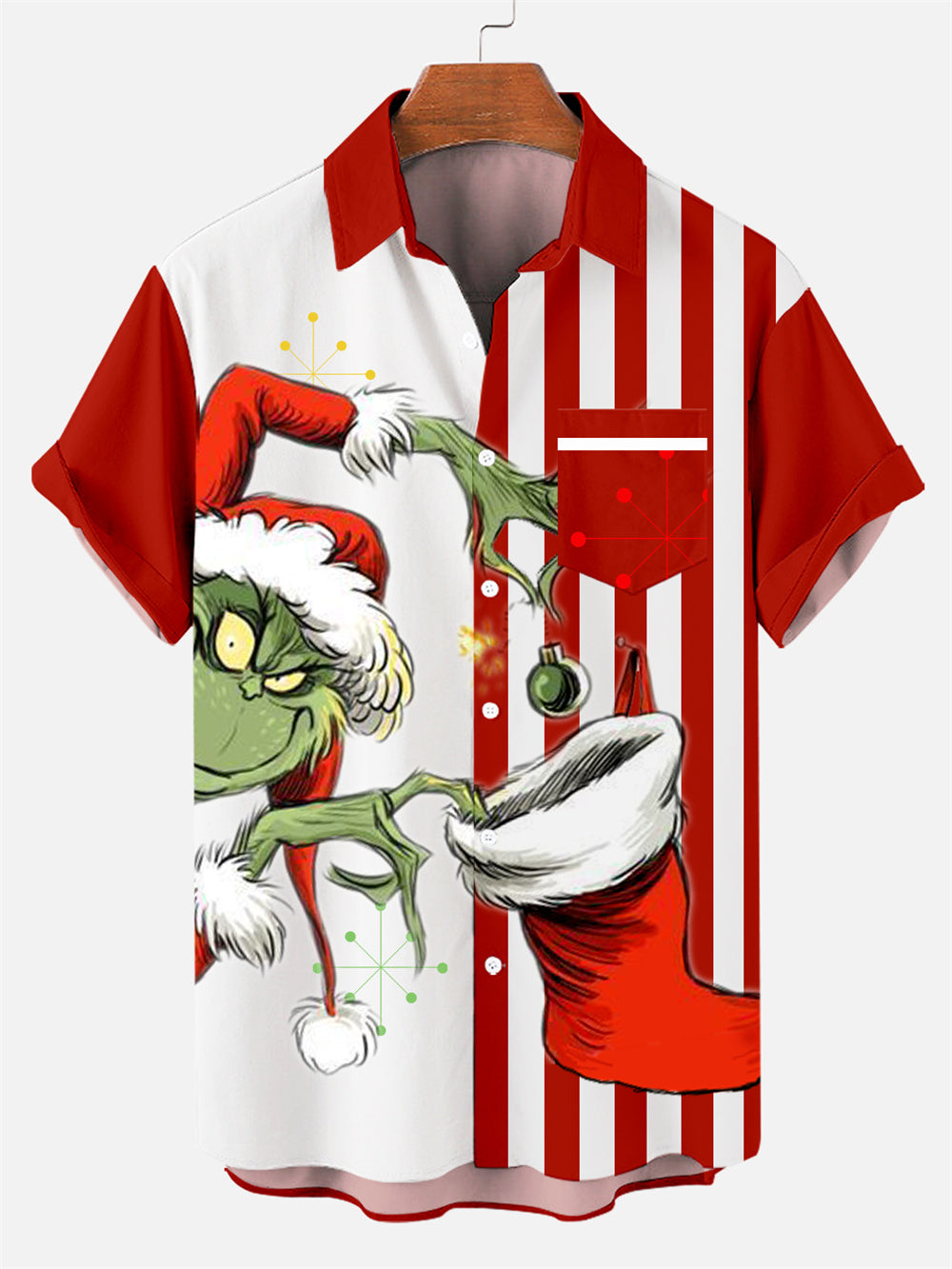 Men's Christmas Striped Cartoon Pattern Short Sleeve Shirt with Pockets PLUSCLOTHESMAN