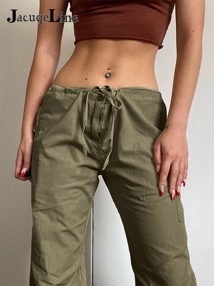 Jacuqeline 2022 Low Waist y2k Cargo Straight Pants Women Green Tie Up Baggy Skinny Trousers Retro Harajuku Street Sexy Sweatpant