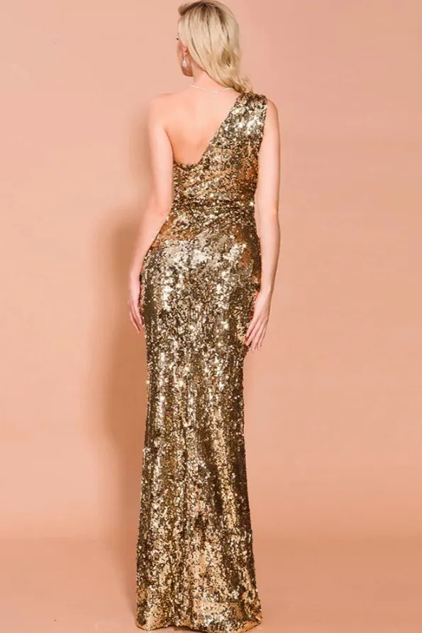 Bellasprom Gold Sequins Prom Dress Long with Slit Ruffles One Shoulder Gold-S