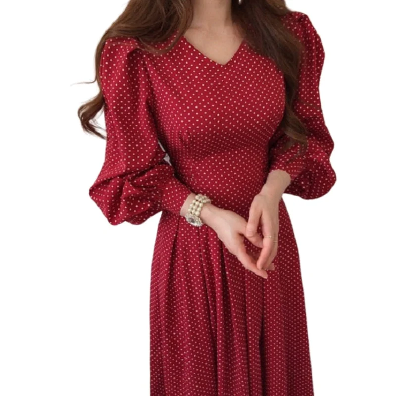 Spring Fashion French Vintage Maxi 2021 Ladies Lantern Sleeve Dot Chiffon Dresses Femme Autumn Robe