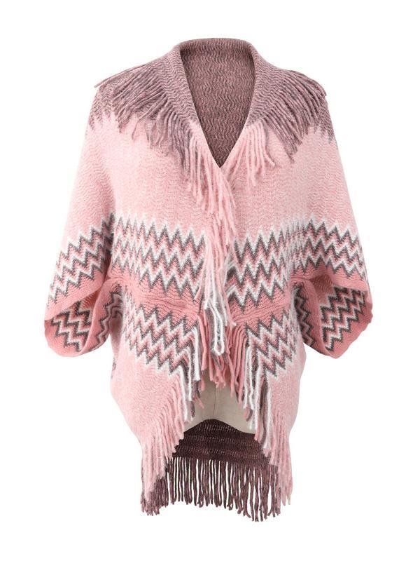 Women's V-neck 3/4 Sleeve Knit Shawl Fringed Hem Colorblock Sweater Top