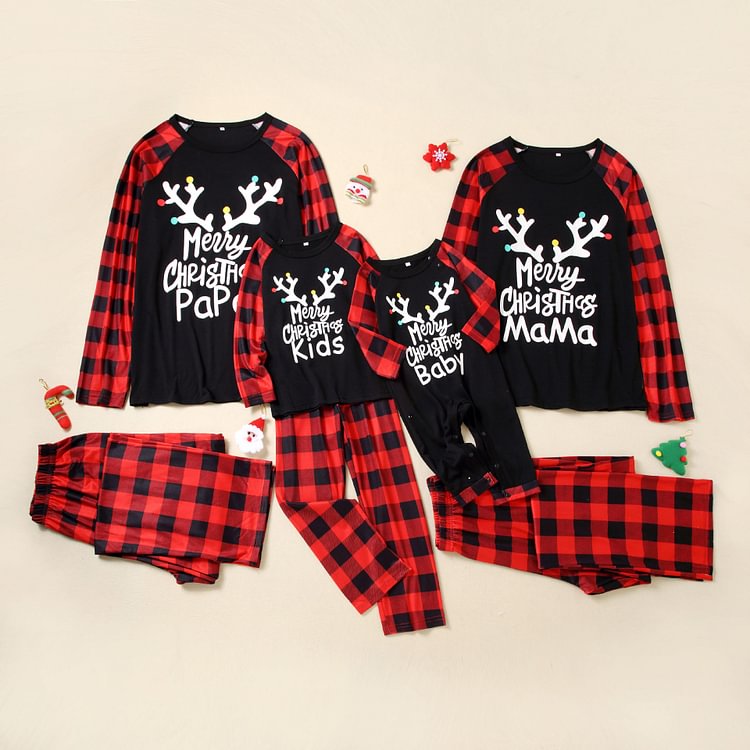 Merry Christmas Papa&Mama&Baby Antler Print Plaid Family Matching Pajamas Sets