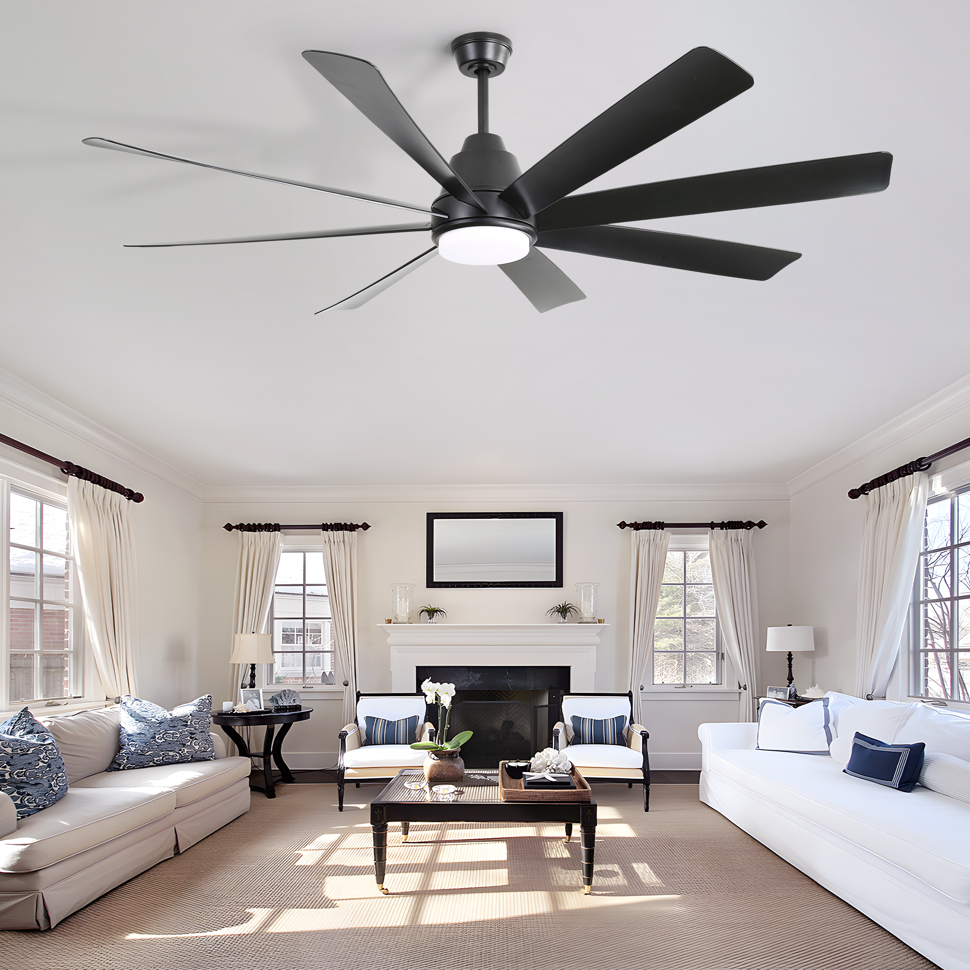 72 Inch Matte Black DC Ceiling Fan with LED Light and Remote Control, 8 Blades Quiet Reversible Motor, 6-Speed, Dimmable 3-Color Memory Light for Indoor/Outdoor (Covered) Patios, Living Room, Bedroom