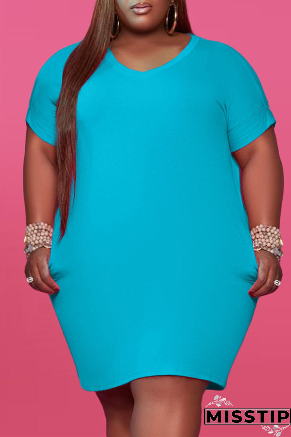 Red Fashion Casual Plus Size Solid Basic V Neck Short Sleeve Dress