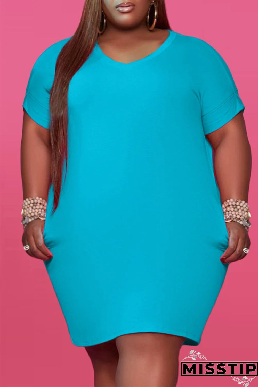 Red Fashion Casual Plus Size Solid Basic V Neck Short Sleeve Dress