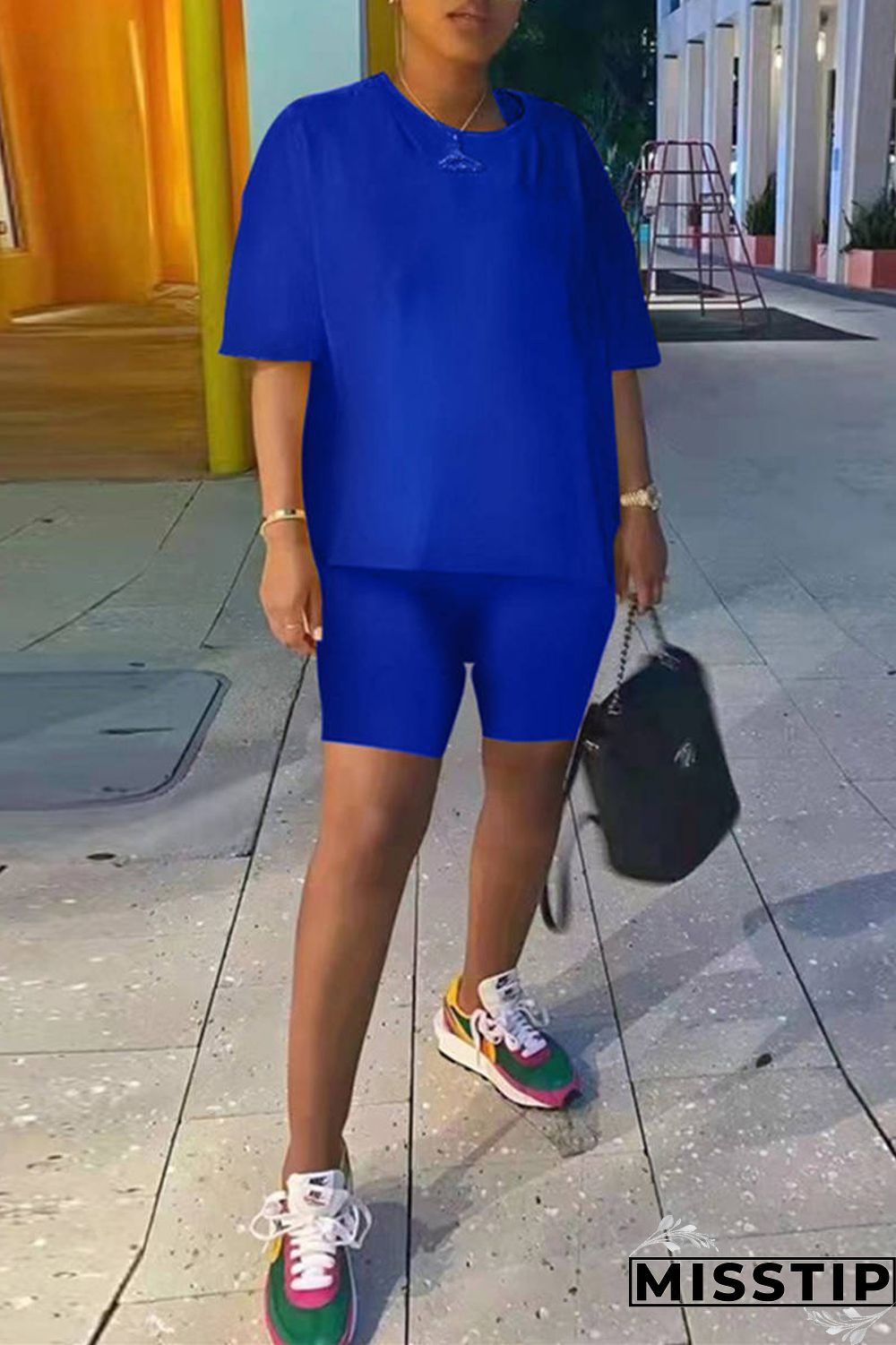 Blue Fashion Casual Solid Basic O Neck Short Sleeve Two Pieces