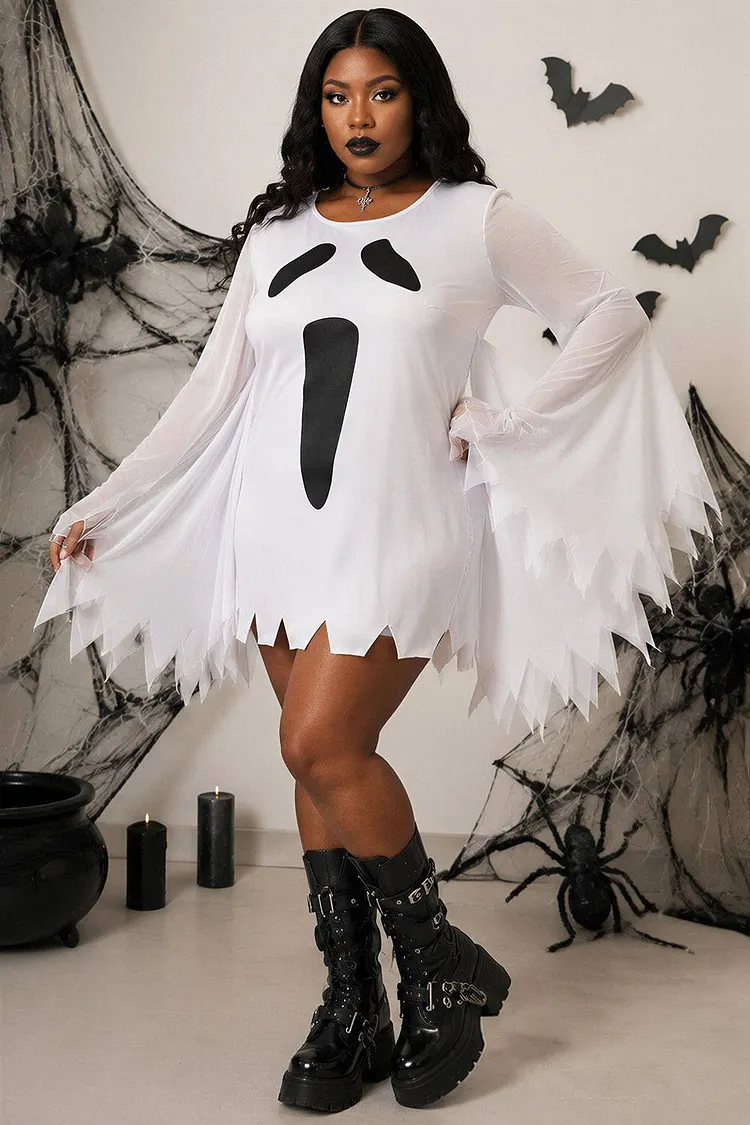 Xpluswear Design Plus Size Casual Halloween Costume White Ghost Knitted Mini Dress（Ships 24h）