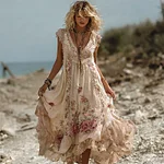 Vintage Boho Pink Roses Lace Flowy Linen Maxi Dress - Image 7