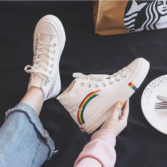 Women's Fashion 2021 Vulcanized Shoes Woman Sneakers New Rainbow Retro Canvas Shoes Flat Fashion Comfortable High Shoes Women