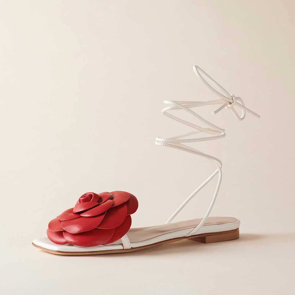 White Square Toe Flat Red Rose Embellished Strappy Sandals for Women Nicepairs