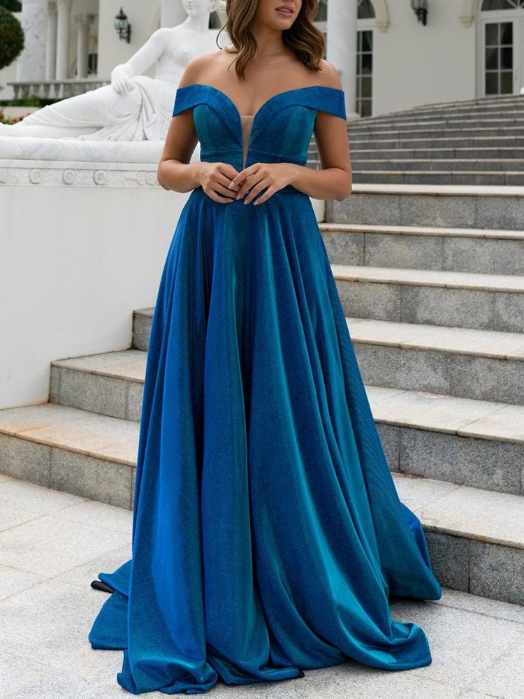 Elegant off-shoulder high waist maxi blue  dress-zachics