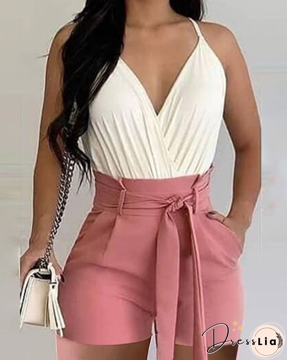 Solid Color V-Neck Sleeveless Belted Waist Shorts Suit Set