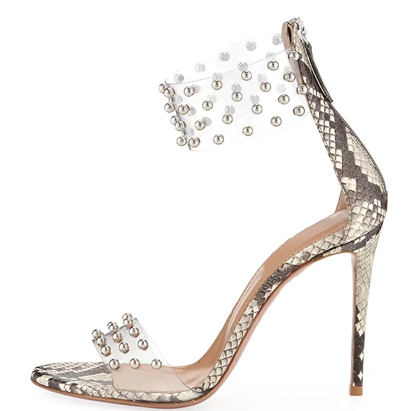 Python Studs Clear Heels Ankle Strap Stiletto Sandals Vdcoo