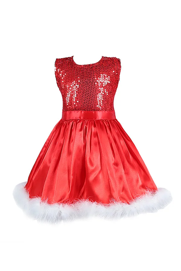 Sleeveless Kids Christmas Costume Santa Princess Dress For Party Red-elleschic